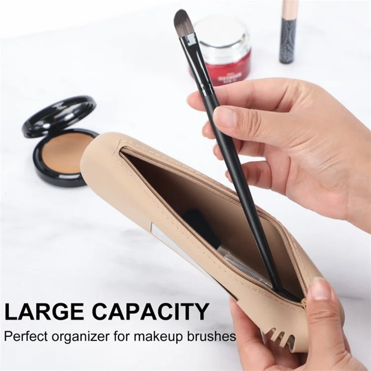 Travel Makeup Brush Holder Mirror Design Portable Silicone Cosmetic Bag Zipper Case (without Lanyard) - Khaki