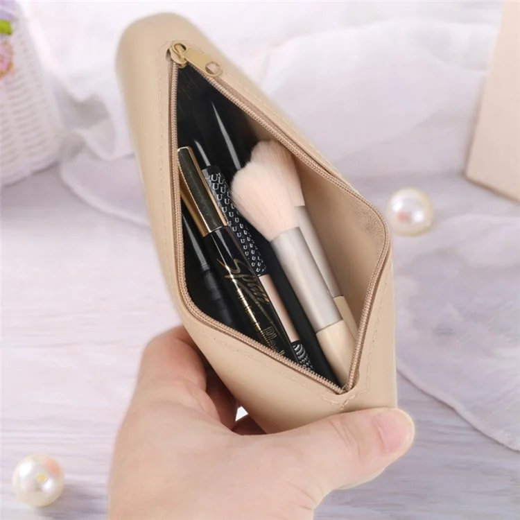 Travel Makeup Brush Holder Mirror Design Portable Silicone Cosmetic Bag Zipper Case (without Lanyard) - Khaki