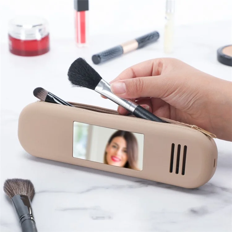 Travel Makeup Brush Holder Mirror Design Portable Silicone Cosmetic Bag Zipper Case (without Lanyard) - Khaki