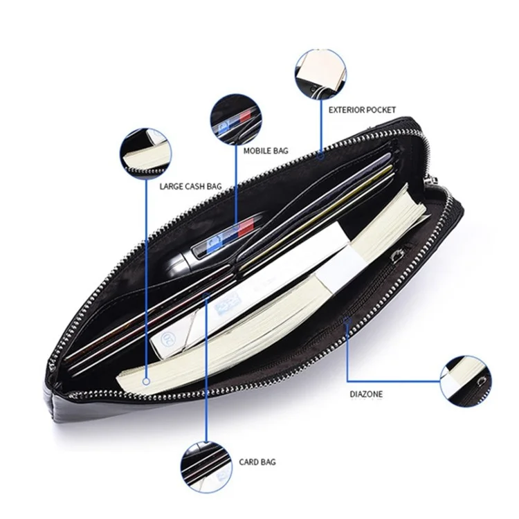 Reißverschluss-Verschluss Herren-Clutch Karten Münzen Handyhalter Lange Geldbörse PU-Leder-Geldbörse - Schwarz