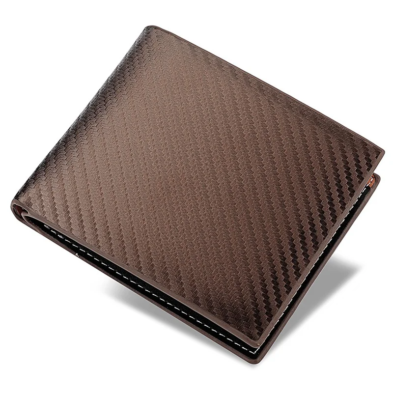 Coin Card Holder Bag Carbon Fiber Texture PU Leather Men Bi-fold Short Wallet - Coffee