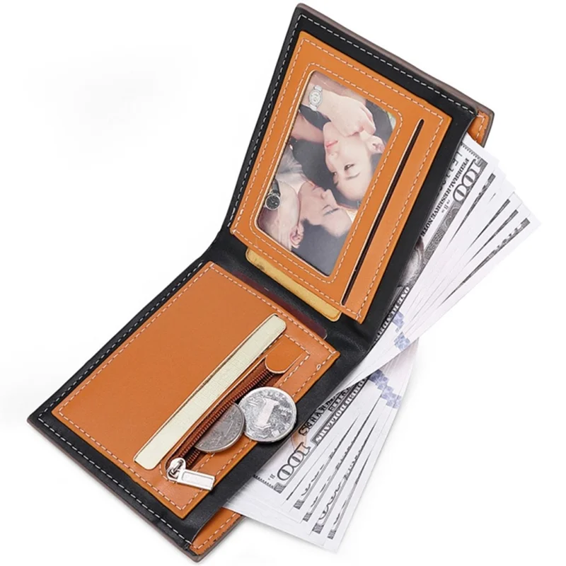 Coin Card Holder Bag Carbon Fiber Texture PU Leather Men Bi-fold Short Wallet - Coffee