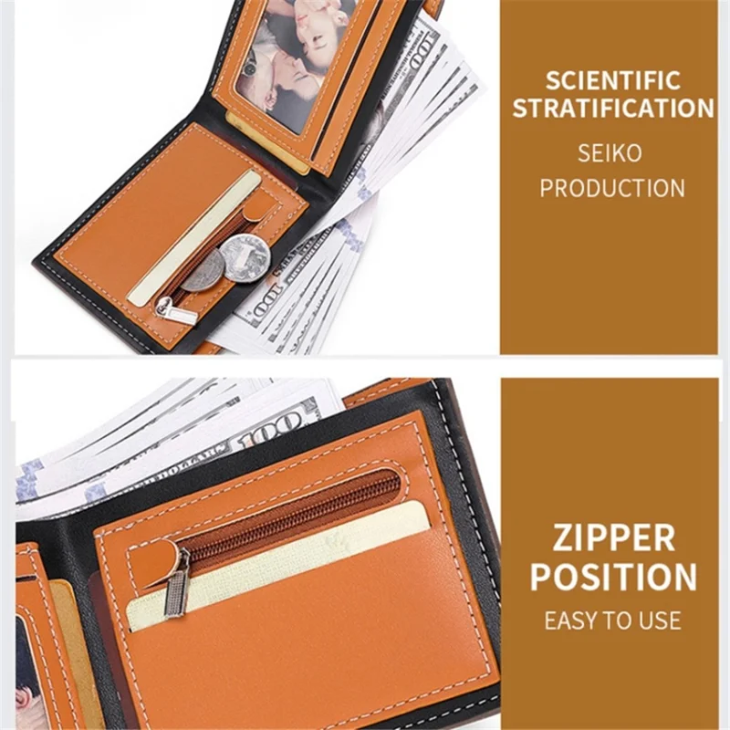 Coin Card Holder Bag Carbon Fiber Texture PU Leather Men Bi-fold Short Wallet - Coffee