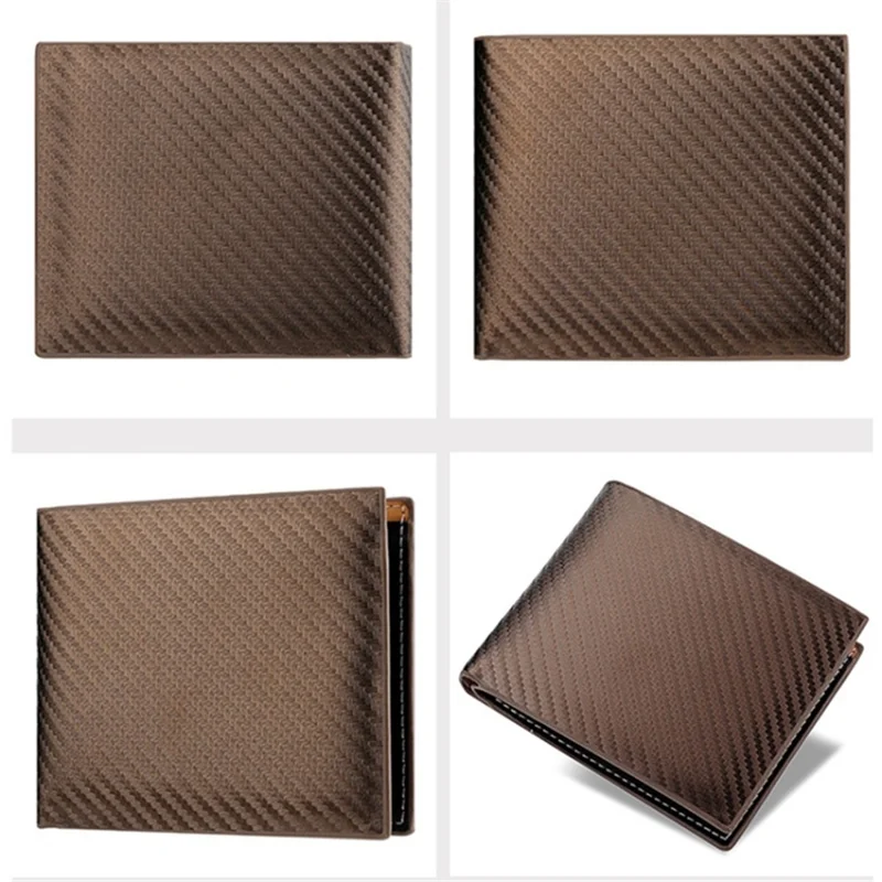 Coin Card Holder Bag Carbon Fiber Texture PU Leather Men Bi-fold Short Wallet - Coffee