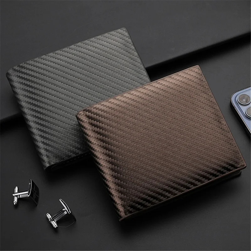 Coin Card Holder Bag Carbon Fiber Texture PU Leather Men Bi-fold Short Wallet - Coffee