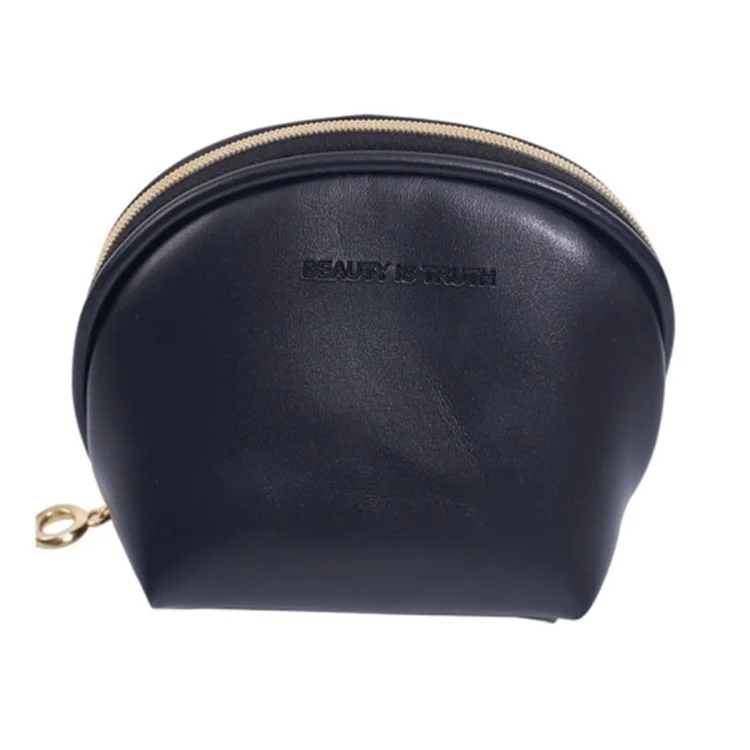 Women Shell Shape Cosmetic Bag PU Leather Zipper Makeup Bag Travel Cosmetic Case - Black