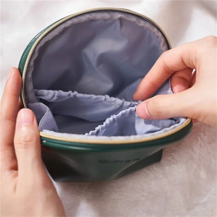Women Shell Shape Cosmetic Bag PU Leather Zipper Makeup Bag Travel Cosmetic Case - Black
