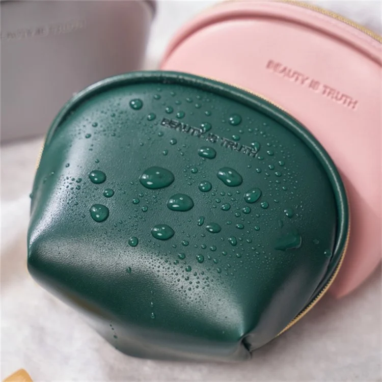 Women Shell Shape Cosmetic Bag PU Leather Zipper Makeup Bag Travel Cosmetic Case - Black