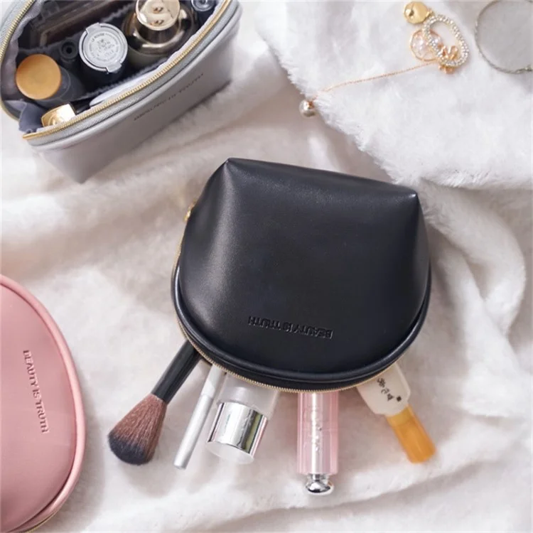 Women Shell Shape Cosmetic Bag PU Leather Zipper Makeup Bag Travel Cosmetic Case - Black