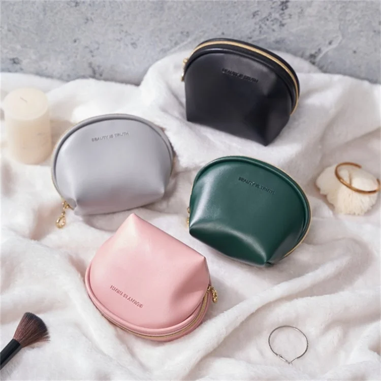 Women Shell Shape Cosmetic Bag PU Leather Zipper Makeup Bag Travel Cosmetic Case - Black