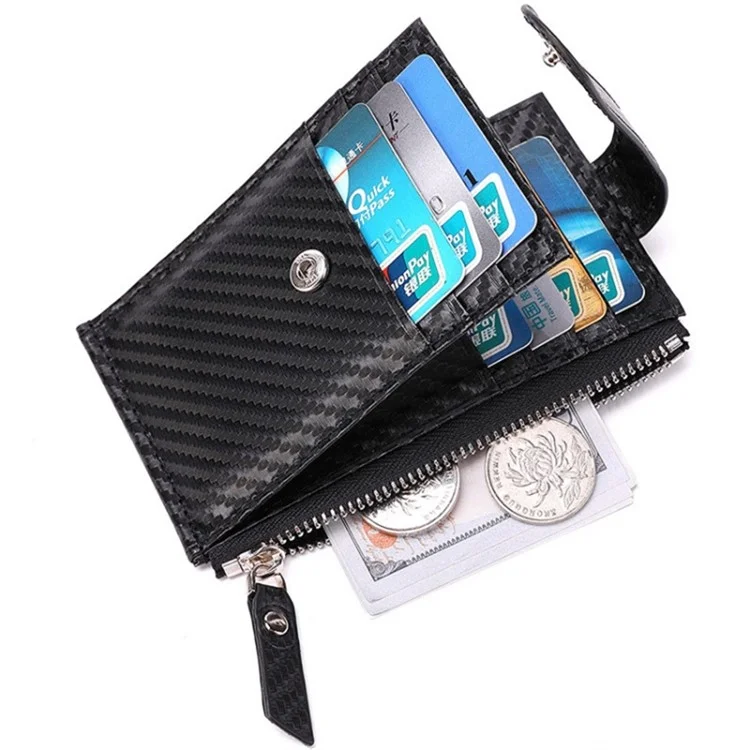 DEABOLAR Carbon Fiber Card Holder Folding Zippered Wallet Bag with Tracker Slot for Apple AirTag - Black