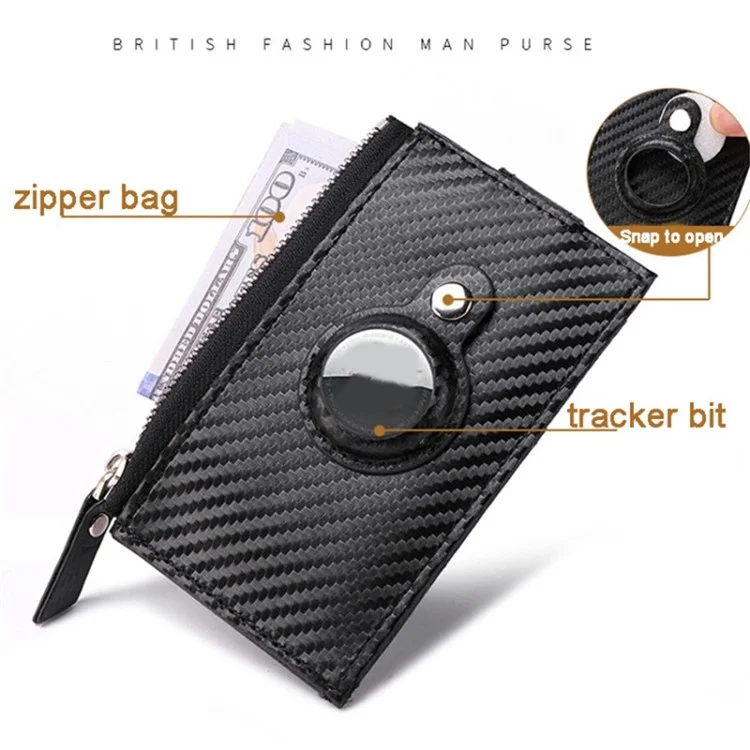DEABOLAR Carbon Fiber Card Holder Folding Zippered Wallet Bag with Tracker Slot for Apple AirTag - Black