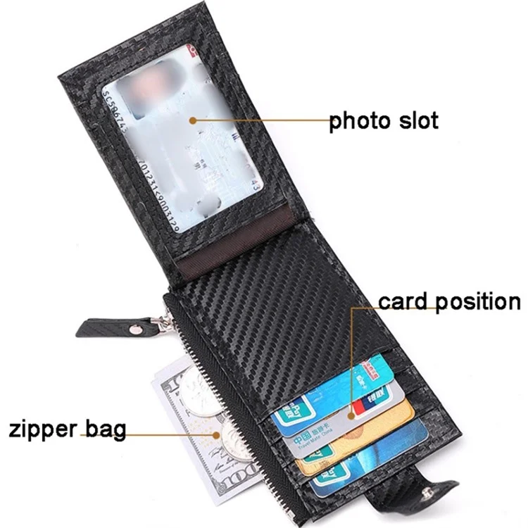 DEABOLAR Carbon Fiber Card Holder Folding Zippered Wallet Bag with Tracker Slot for Apple AirTag - Black
