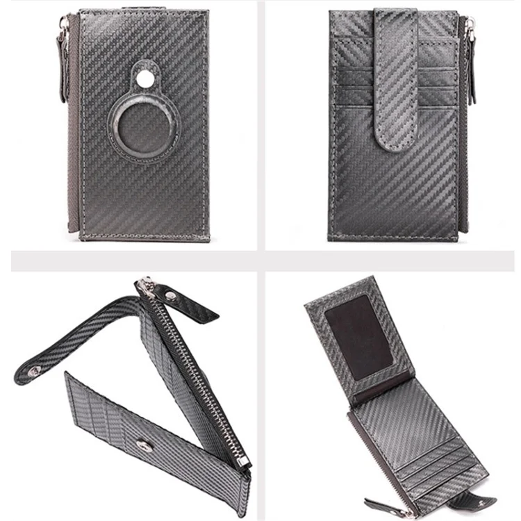 DEABOLAR Carbon Fiber Card Holder Folding Zippered Wallet Bag with Tracker Slot for Apple AirTag - Black