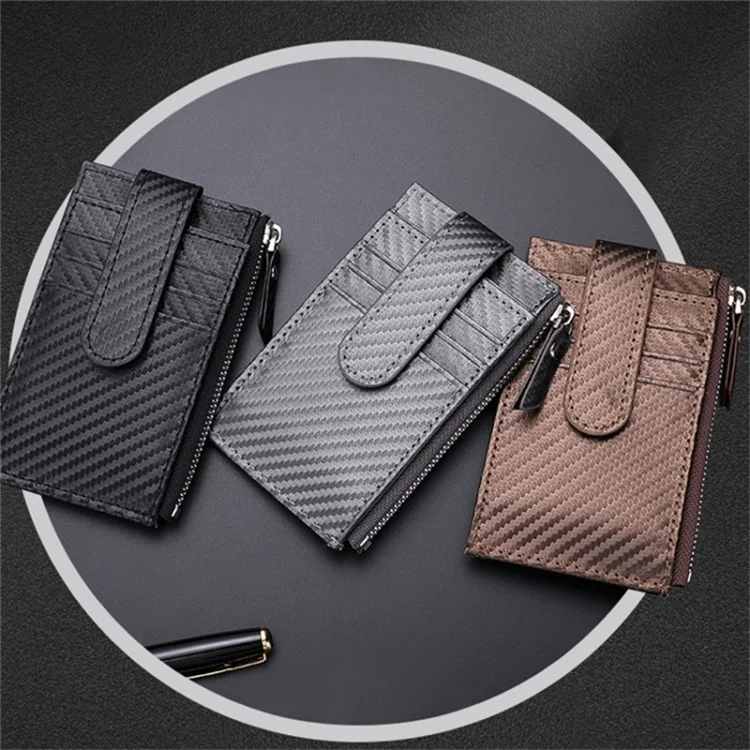 DEABOLAR Carbon Fiber Card Holder Folding Zippered Wallet Bag with Tracker Slot for Apple AirTag - Black