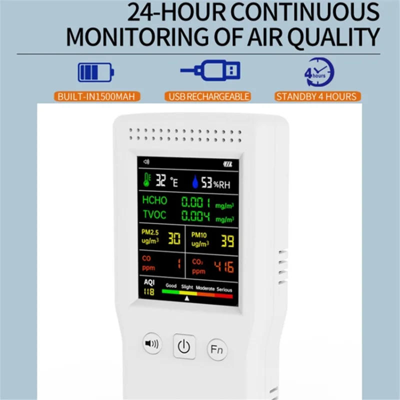 Air Quality Monitor 9-in-1 Formaldehyde Detector Temperature Humidity CO2 Meter Sensor Detect PM2.5 / PM10 - Black