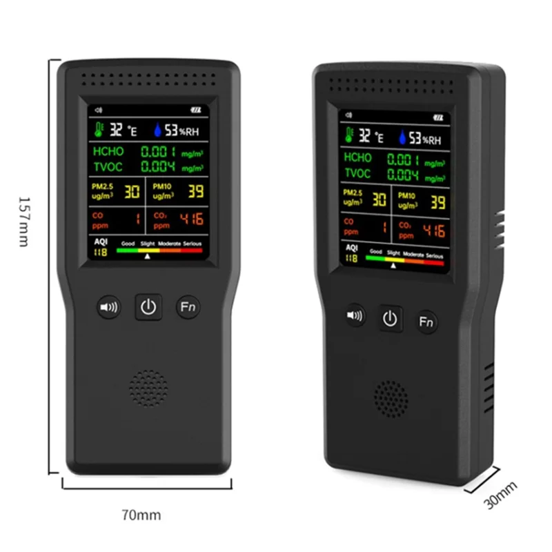 Air Quality Monitor 9-in-1 Formaldehyde Detector Temperature Humidity CO2 Meter Sensor Detect PM2.5 / PM10 - Black