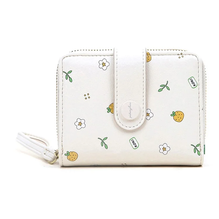 Pattern Printed PU Leather Short Wallet Zipper Pocket Coin Purse Card Bag - White