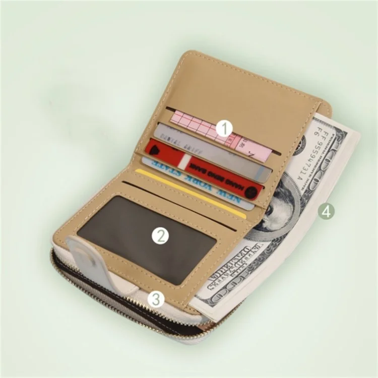 Pattern Printed PU Leather Short Wallet Zipper Pocket Coin Purse Card Bag - White