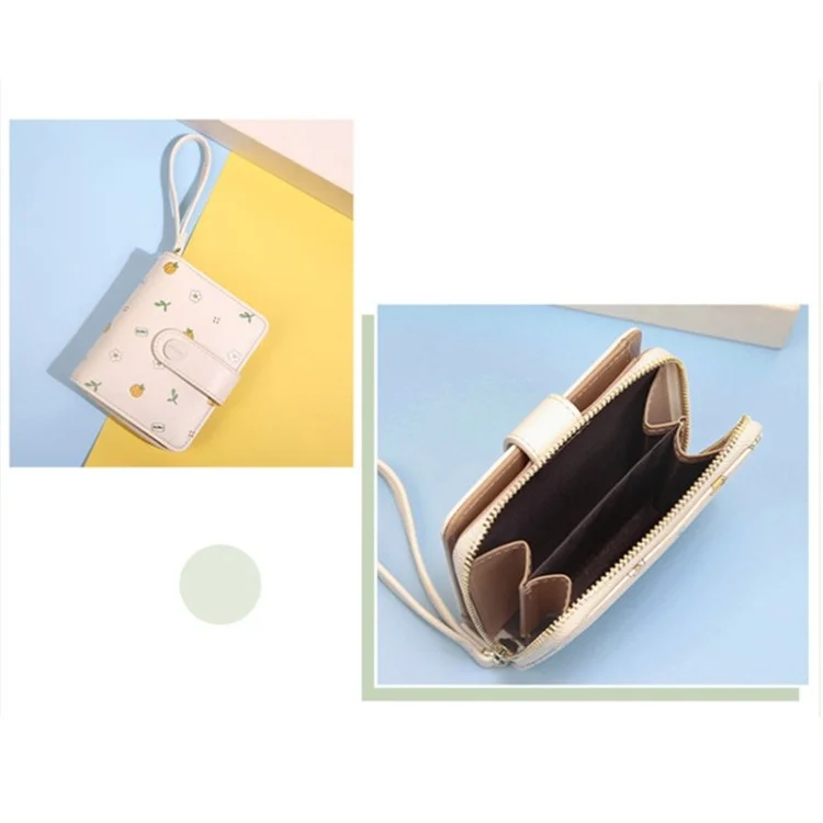 Pattern Printed PU Leather Short Wallet Zipper Pocket Coin Purse Card Bag - White