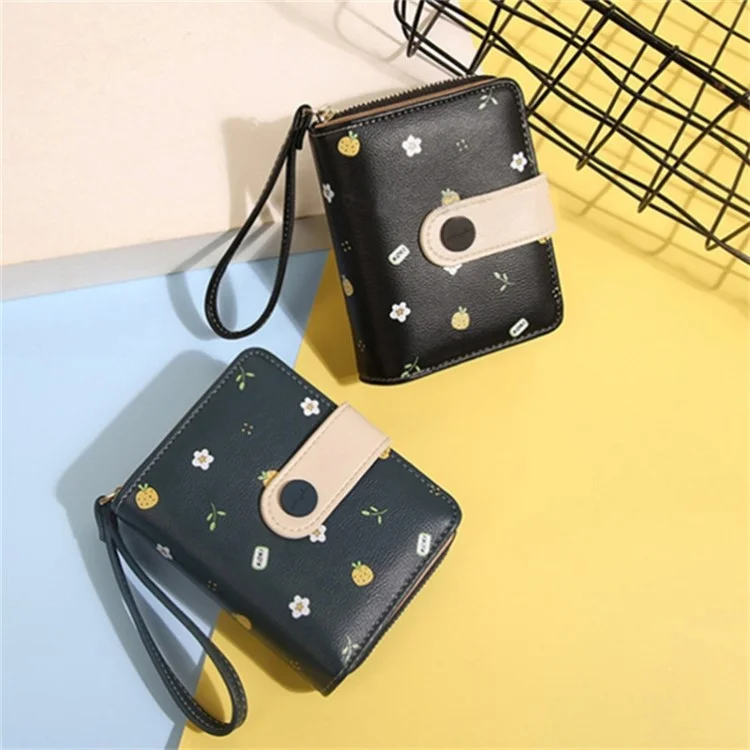 Pattern Printed PU Leather Short Wallet Zipper Pocket Coin Purse Card Bag - White