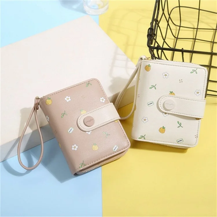 Pattern Printed PU Leather Short Wallet Zipper Pocket Coin Purse Card Bag - White