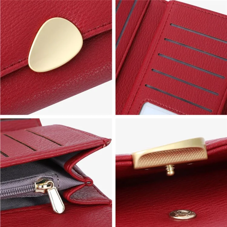 TAILIAN T5601-039 Litchi Texture Tri-fold Women Long Wallet PU Leather Snap Button Multiple Cards Slots Purse - Red