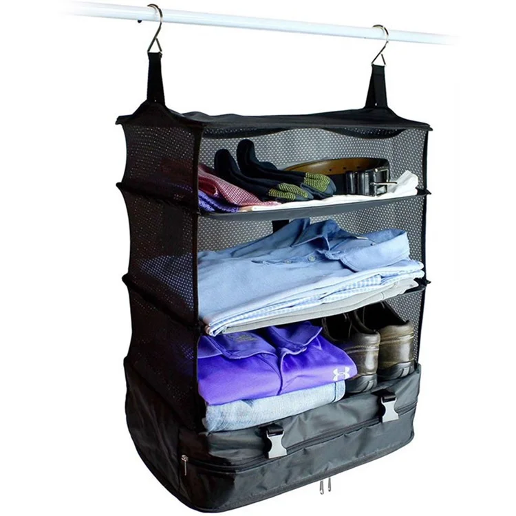 Portable Travel Clothes Shoes Socks Storage Canvas Mesh Bag Foldable 3 Layers Hanging Bag with 2 Hooks
