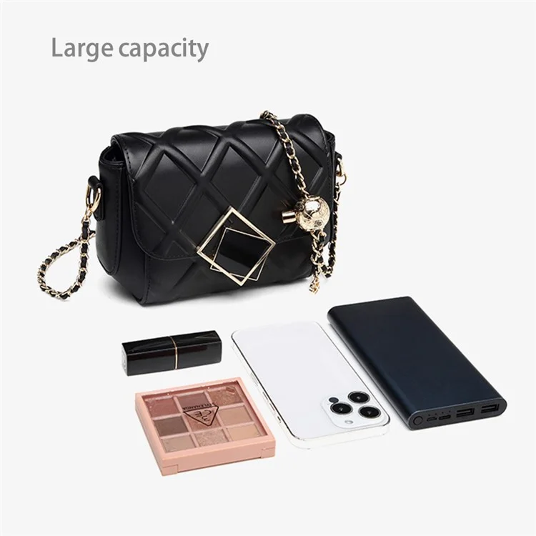 CKZC2236 Bolsa de Ombro Rhombus Top Layer Cowhide Leather para Mulheres com Alça de Corrente - Preto