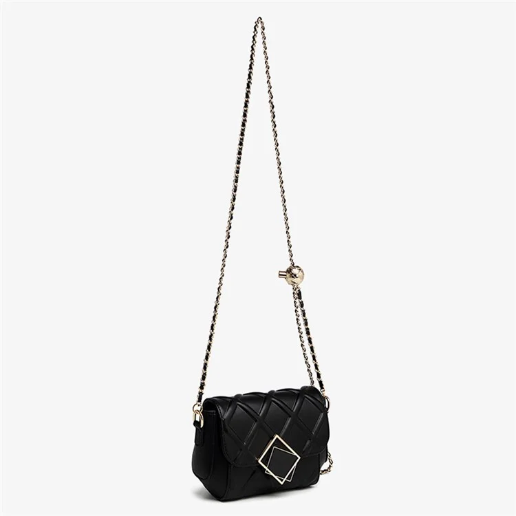 CKZC2236 Bolsa de Ombro Rhombus Top Layer Cowhide Leather para Mulheres com Alça de Corrente - Preto
