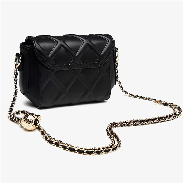 CKZC2236 Bolsa de Ombro Rhombus Top Layer Cowhide Leather para Mulheres com Alça de Corrente - Preto