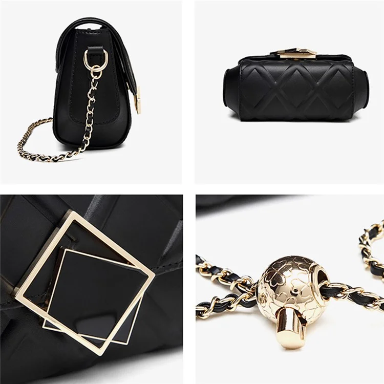CKZC2236 Bolsa de Ombro Rhombus Top Layer Cowhide Leather para Mulheres com Alça de Corrente - Preto