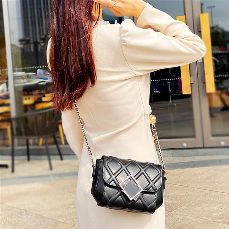 CKZC2236 Bolsa de Ombro Rhombus Top Layer Cowhide Leather para Mulheres com Alça de Corrente - Preto