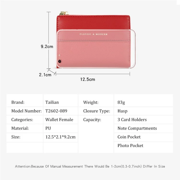 TAILIAN T2602-089 Girl's Wallet PU Leather Travel Card Storage Holder Coin Pouch Bag Billfold for Women - Pink