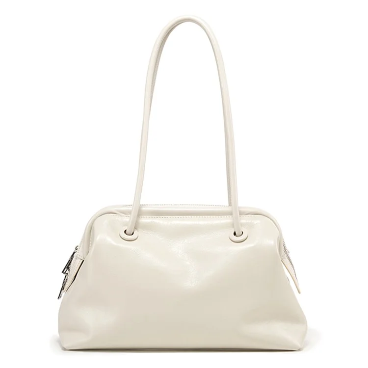 9665 Women Tote Underarm Bag Cowhide Leather Large Capacity Zipper Travel Handbag - White