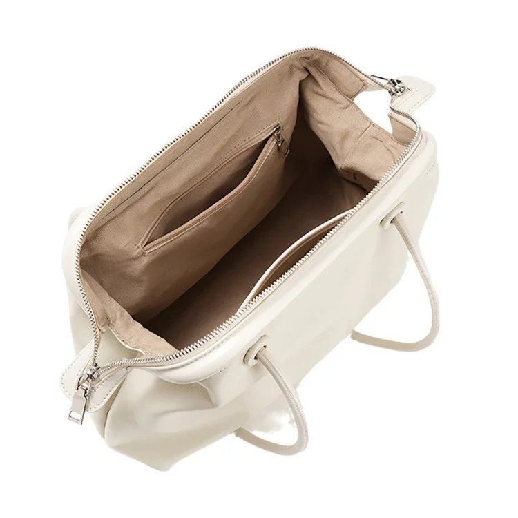 9665 Women Tote Underarm Bag Cowhide Leather Large Capacity Zipper Travel Handbag - White