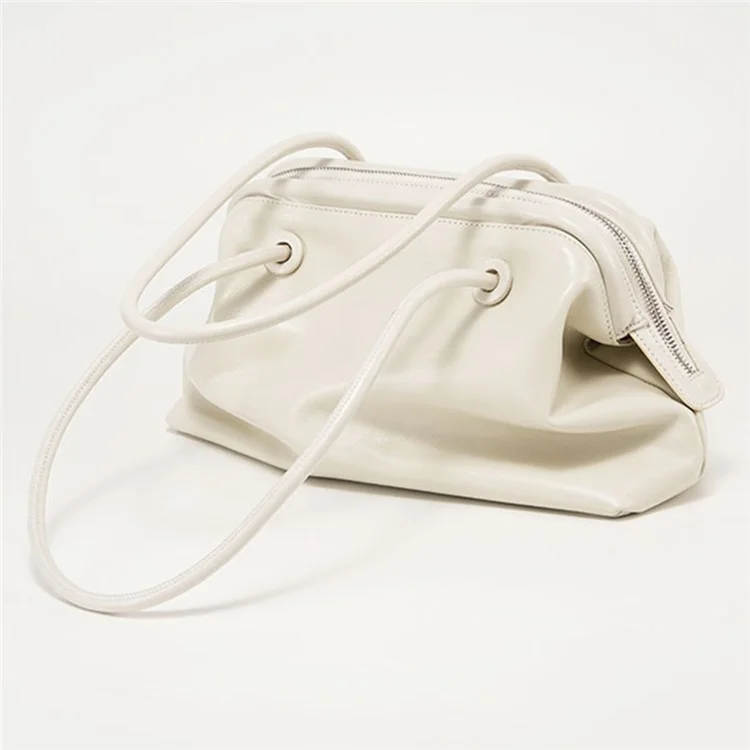 9665 Women Tote Underarm Bag Cowhide Leather Large Capacity Zipper Travel Handbag - White