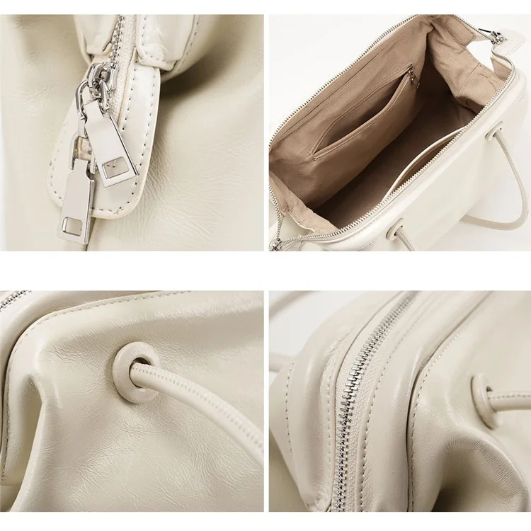 9665 Women Tote Underarm Bag Cowhide Leather Large Capacity Zipper Travel Handbag - White