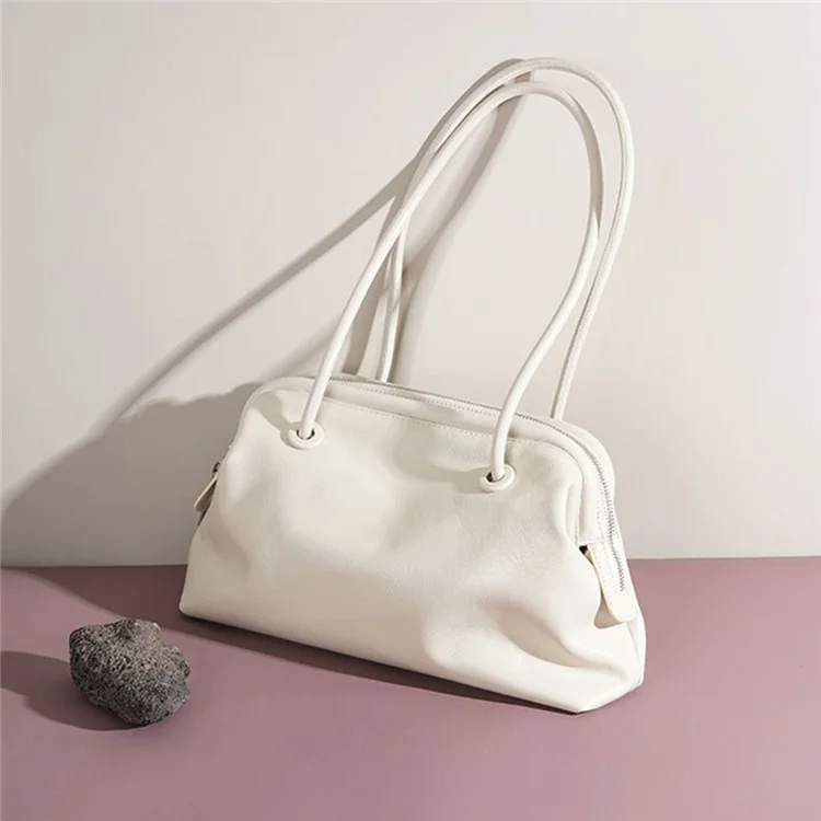 9665 Women Tote Underarm Bag Cowhide Leather Large Capacity Zipper Travel Handbag - White