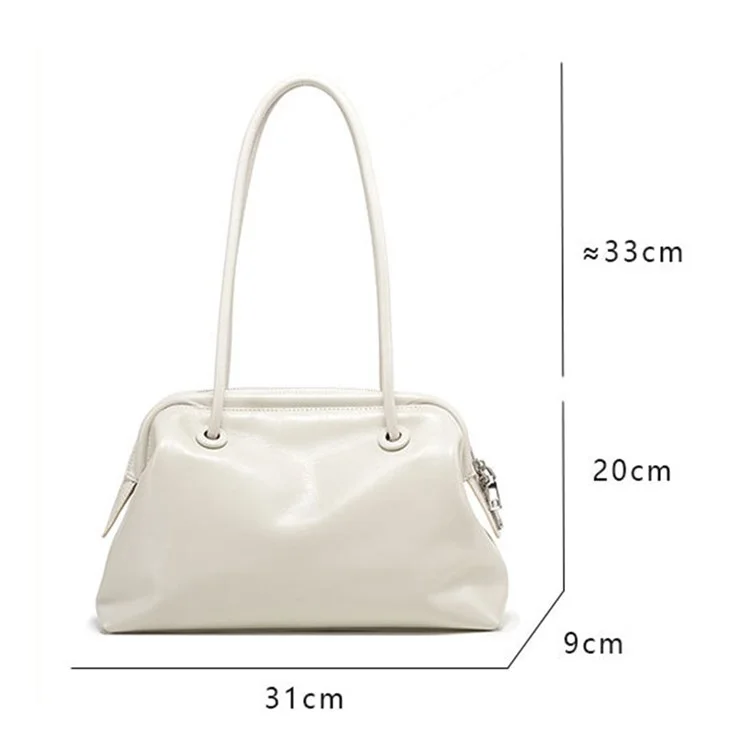 9665 Women Tote Underarm Bag Cowhide Leather Large Capacity Zipper Travel Handbag - White