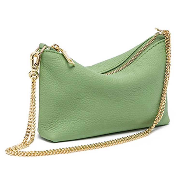 9632 Women Zipper Dumpling Bag Handbag Top Layer Cowhide Leather Crossbody Shoulder Bag with Chain Strap - Green
