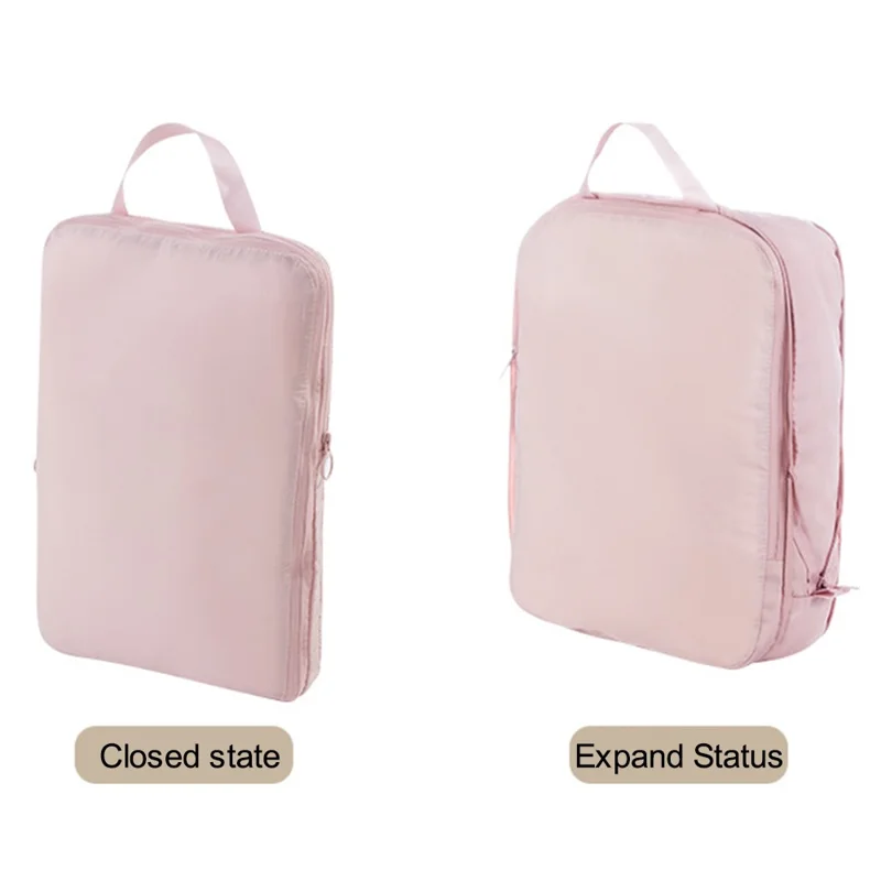 2Pcs Travel Luggage Organizer Cube Bag Expandable Storage Packing Business Trip Clothes Sort Out Pouch, Size L - Pink