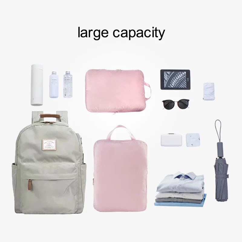 2Pcs Travel Luggage Organizer Cube Bag Expandable Storage Packing Business Trip Clothes Sort Out Pouch, Size L - Pink