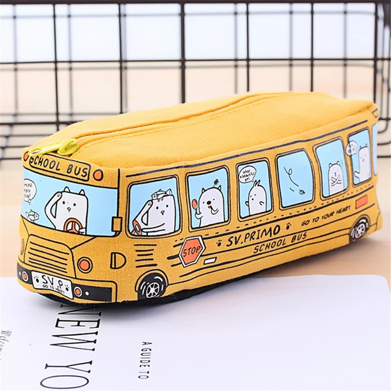 School Bus Design Pencil Case Cartoon Animal Canvas Zipper Pencil Bag School Stationery - Yellow