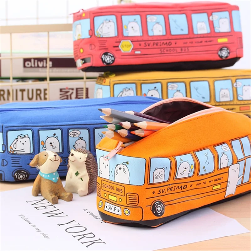 School Bus Design Pencil Case Cartoon Animal Canvas Zipper Pencil Bag School Stationery - Yellow