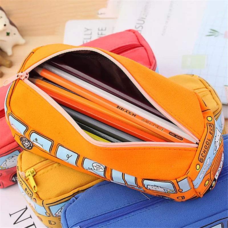 School Bus Design Pencil Case Cartoon Animal Canvas Zipper Pencil Bag School Stationery - Yellow