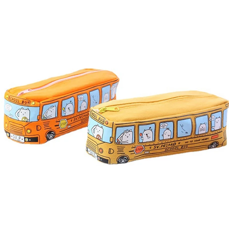 School Bus Design Pencil Case Cartoon Animal Canvas Zipper Pencil Bag School Stationery - Yellow