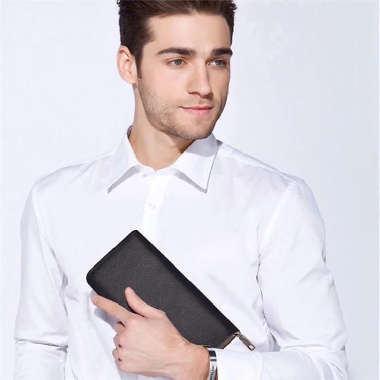 DEABOLAR Cross Texture PU Leather Men Zipper Wallet Cards Cash Phone Holder Clutch Bag - White