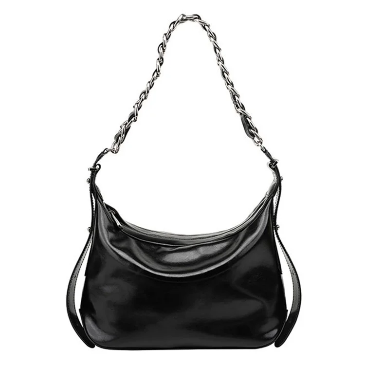 JY263 Women Solid Color Dumpling Bag Waxy Cowhide Leather Single Shoulder Bag with Chain Strap - Black