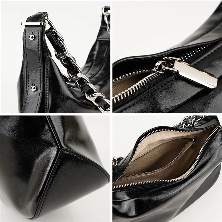 JY263 Women Solid Color Dumpling Bag Waxy Cowhide Leather Single Shoulder Bag with Chain Strap - Black
